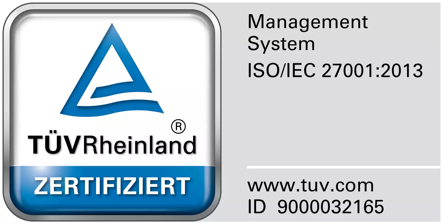 ISO/IEC 27001:2013 Zertifizierungsabzeichen von TÜV Rheinland an die paricon Gruppe verliehen, zeigt das TÜV Rheinland-Logo, 'ZERTIFIZIERT' und die ID 9000032165.