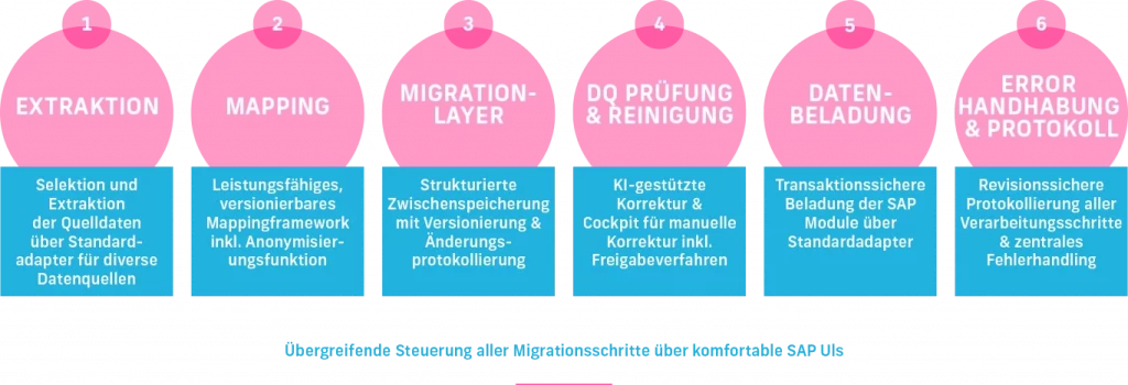Schrittweise Darstellung von Data Migration Extraktion bis Revision.